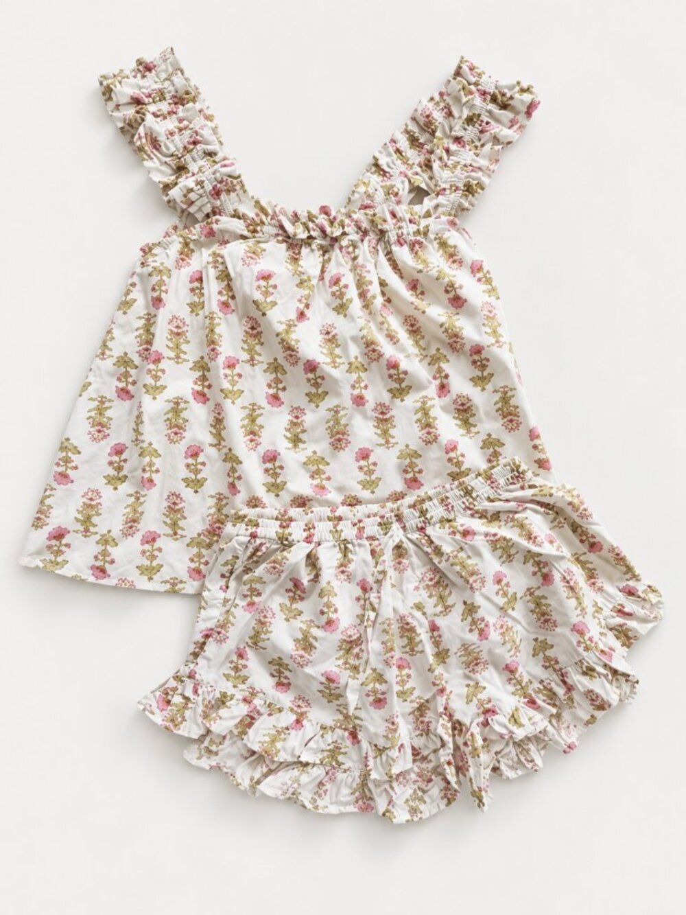 Piyama Womens M Floral Pajama Set Cream Pink Ruffle Cami Shorts Cottagecore